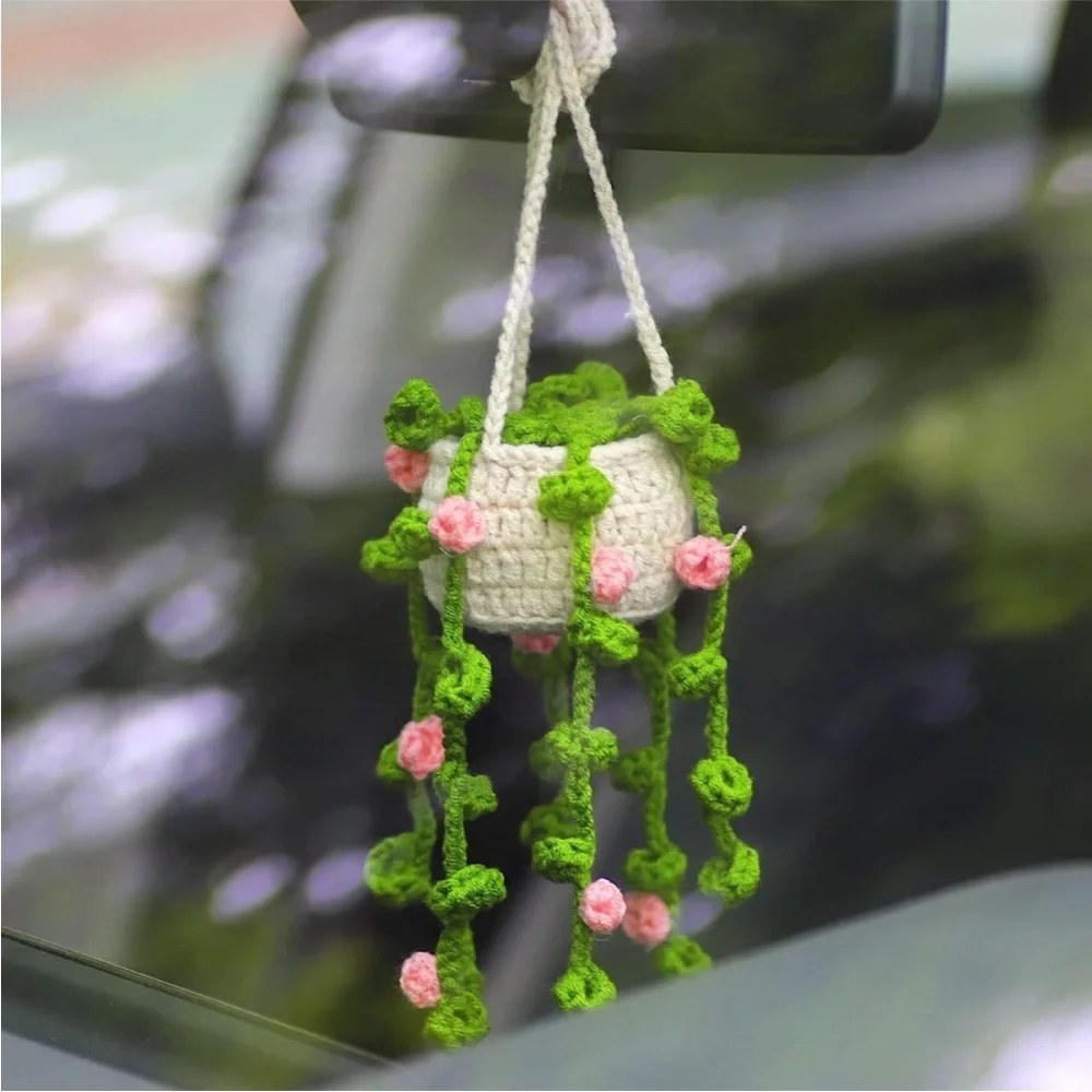 Handmade Woven Flower Vine Plant Pot Yarn Knit Car Mirror/Wall Hanging Accessory - Picture 5 of 6
